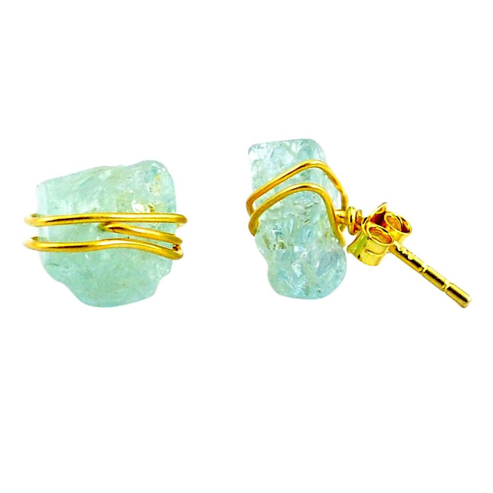 Natural aqua aquamarine rough 925 silver 14k gold stud earrings m58983