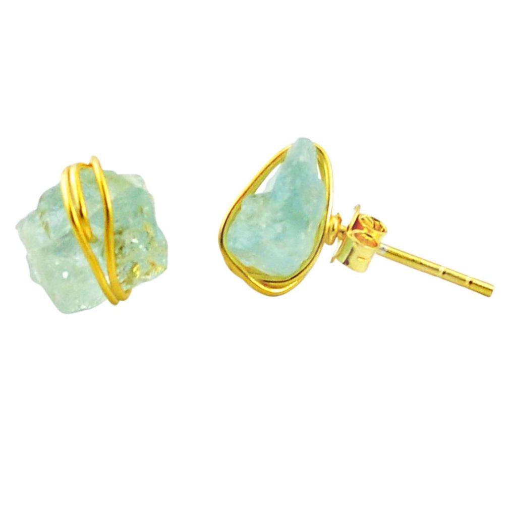 Natural aqua aquamarine rough 925 silver 14k gold stud earrings m58993