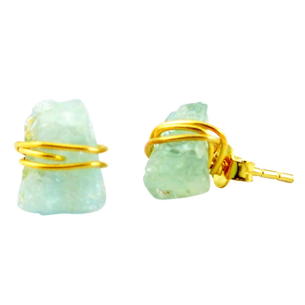 Natural aqua aquamarine rough 925 silver 14k gold stud earrings m58994