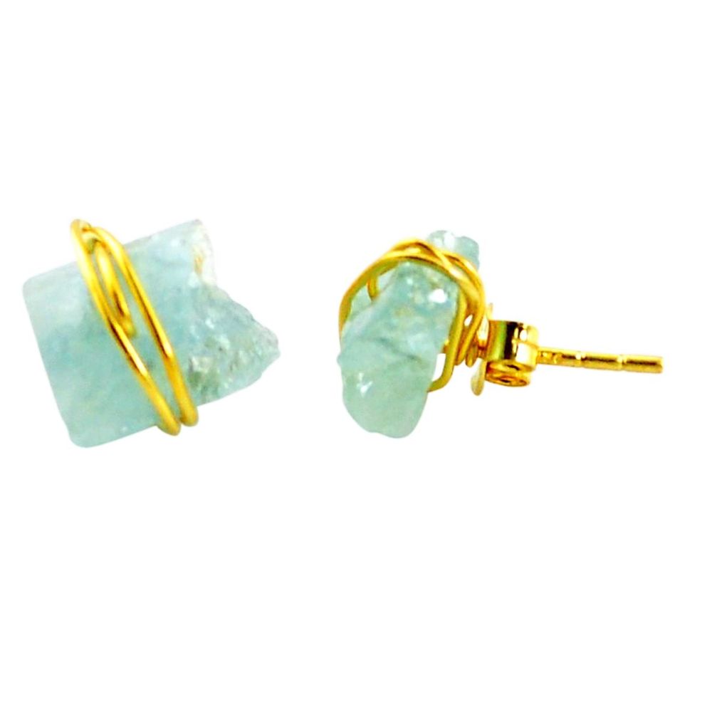 Natural aqua aquamarine rough 925 silver 14k gold stud earrings m58995