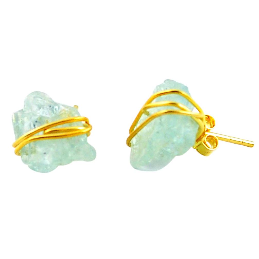 Natural aqua aquamarine rough 925 silver 14k gold stud earrings m58997