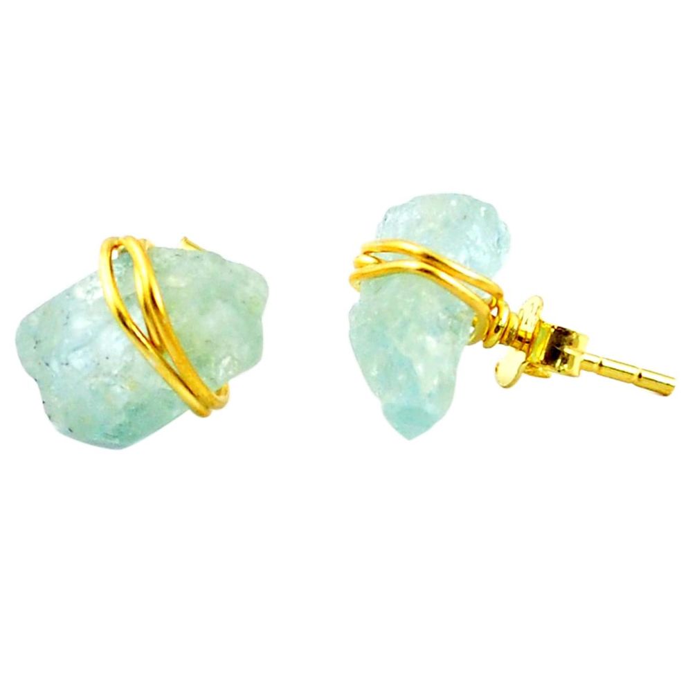 Natural aqua aquamarine rough 925 silver 14k gold stud earrings m58998