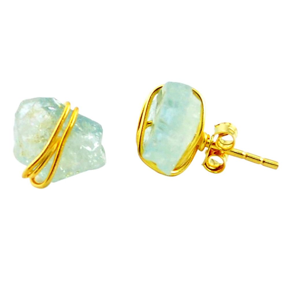 Natural aqua aquamarine rough 925 silver 14k gold stud earrings m58999