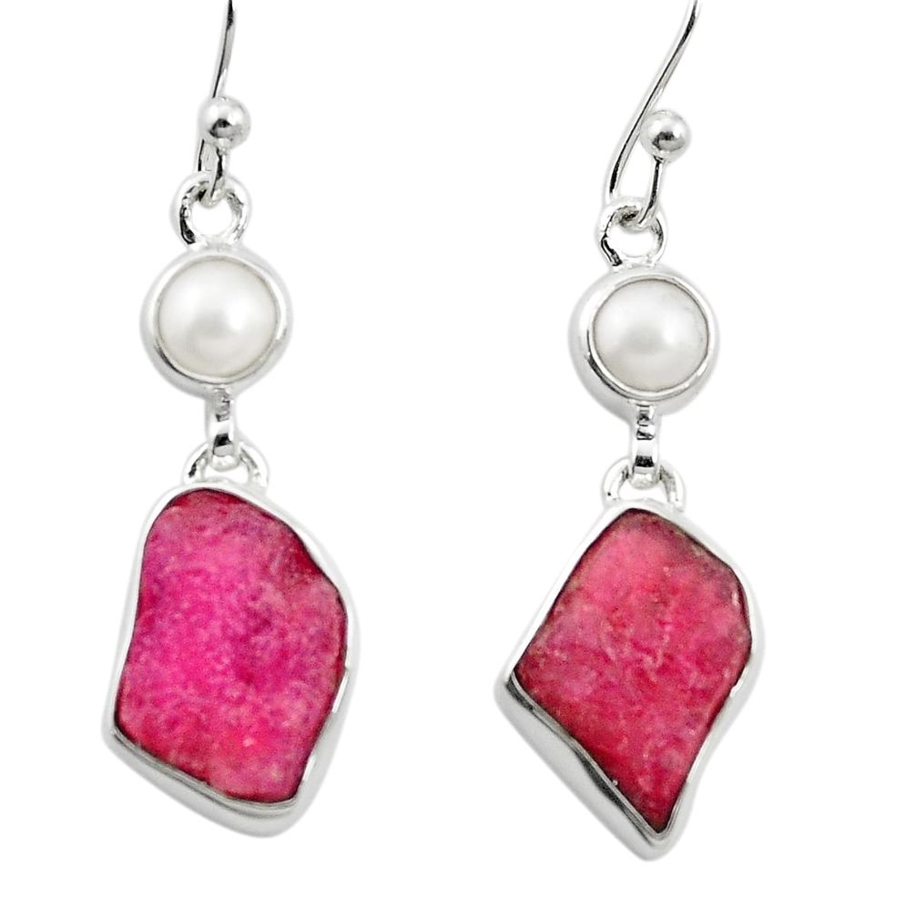 925 silver natural pink ruby rough fancy white pearl dangle earrings m59136