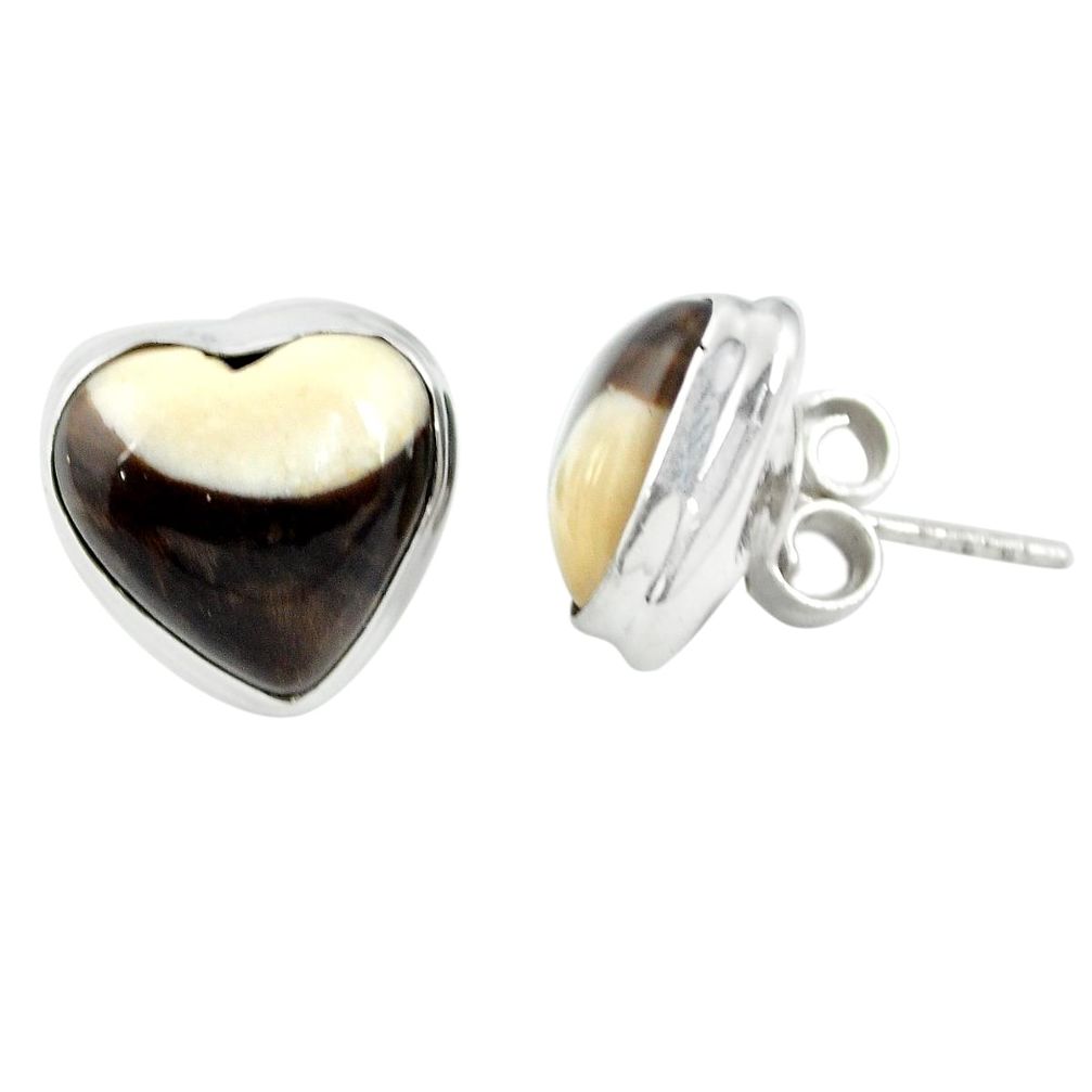 Natural brown peanut petrified wood fossil heart 925 silver stud earrings m60243