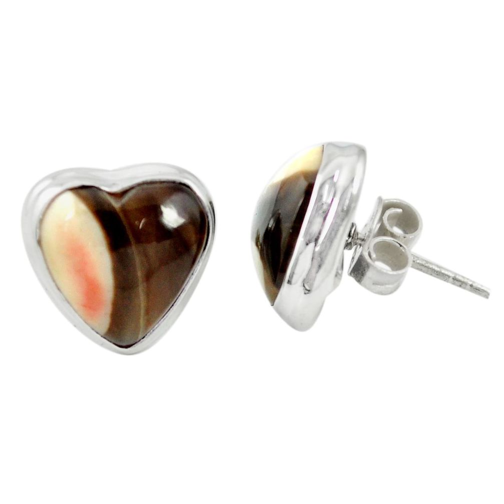 Natural brown peanut petrified wood fossil heart 925 silver stud earrings m60245