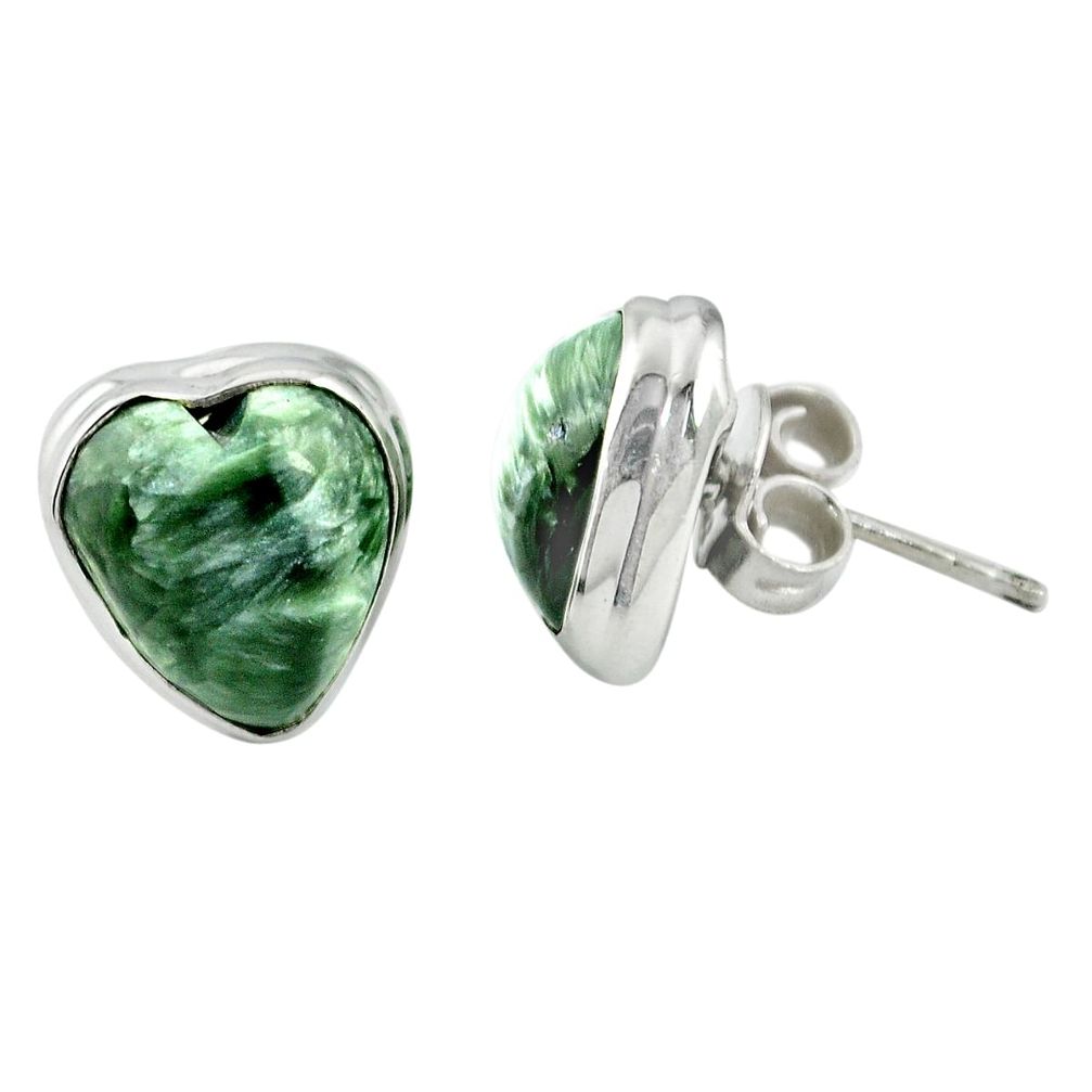 Natural green seraphinite (russian) heart 925 silver stud earrings m60249