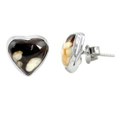 Natural brown peanut petrified wood fossil heart 925 silver stud earrings m60257