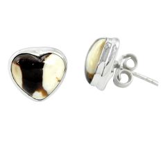 Natural brown peanut petrified wood fossil heart 925 silver stud earrings m60263