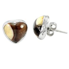 Natural brown peanut petrified wood fossil heart 925 silver stud earrings m60268