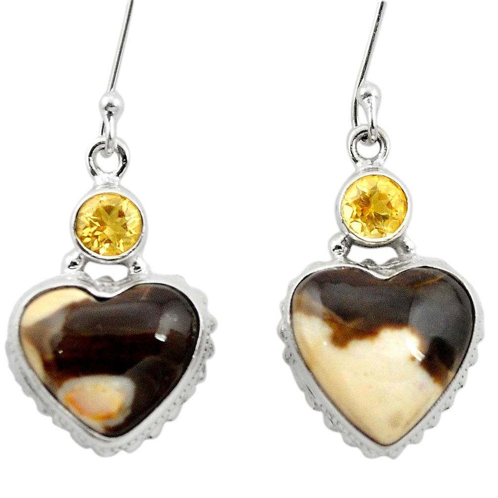 925 silver natural brown peanut petrified wood fossil heart earrings m61504