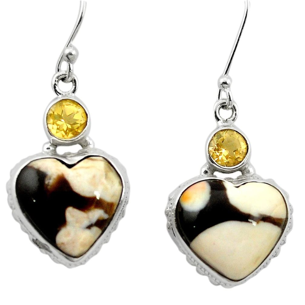 Natural brown peanut petrified wood fossil 925 silver heart earrings m61505