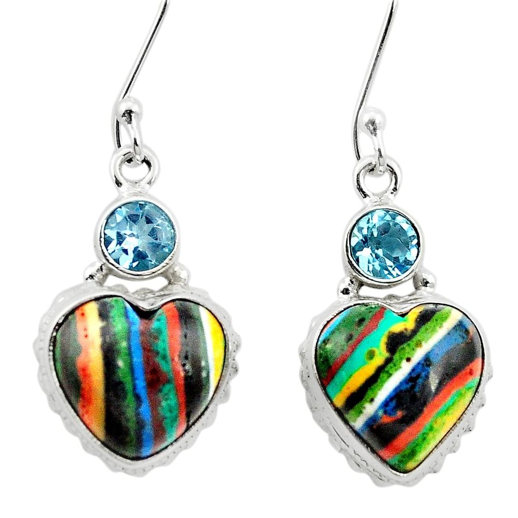 Natural multi color rainbow calsilica 925 silver dangle heart earrings m61514