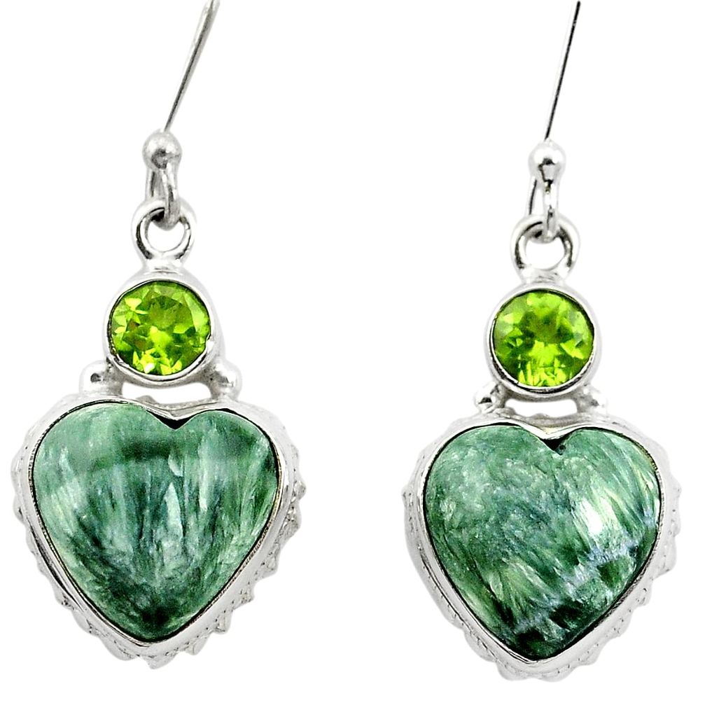 Natural green seraphinite (russian) 925 silver dangle heart earrings m61538