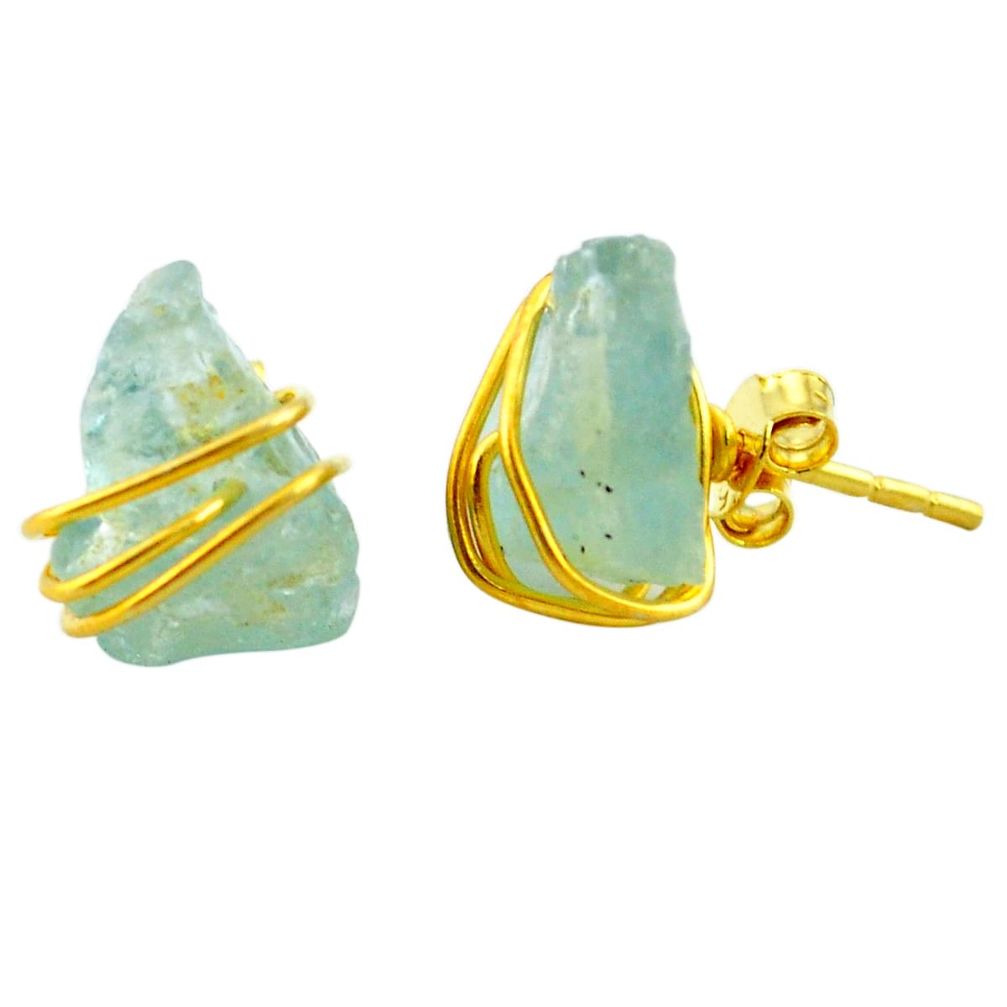 Natural aqua aquamarine rough 925 silver 14k gold stud earrings m61846