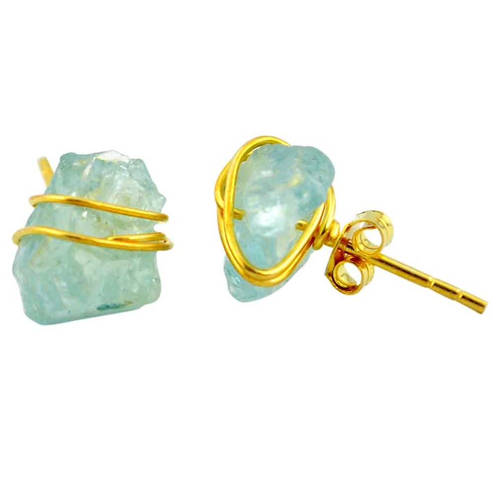 Natural aqua aquamarine rough 925 silver 14k gold stud earrings m61847