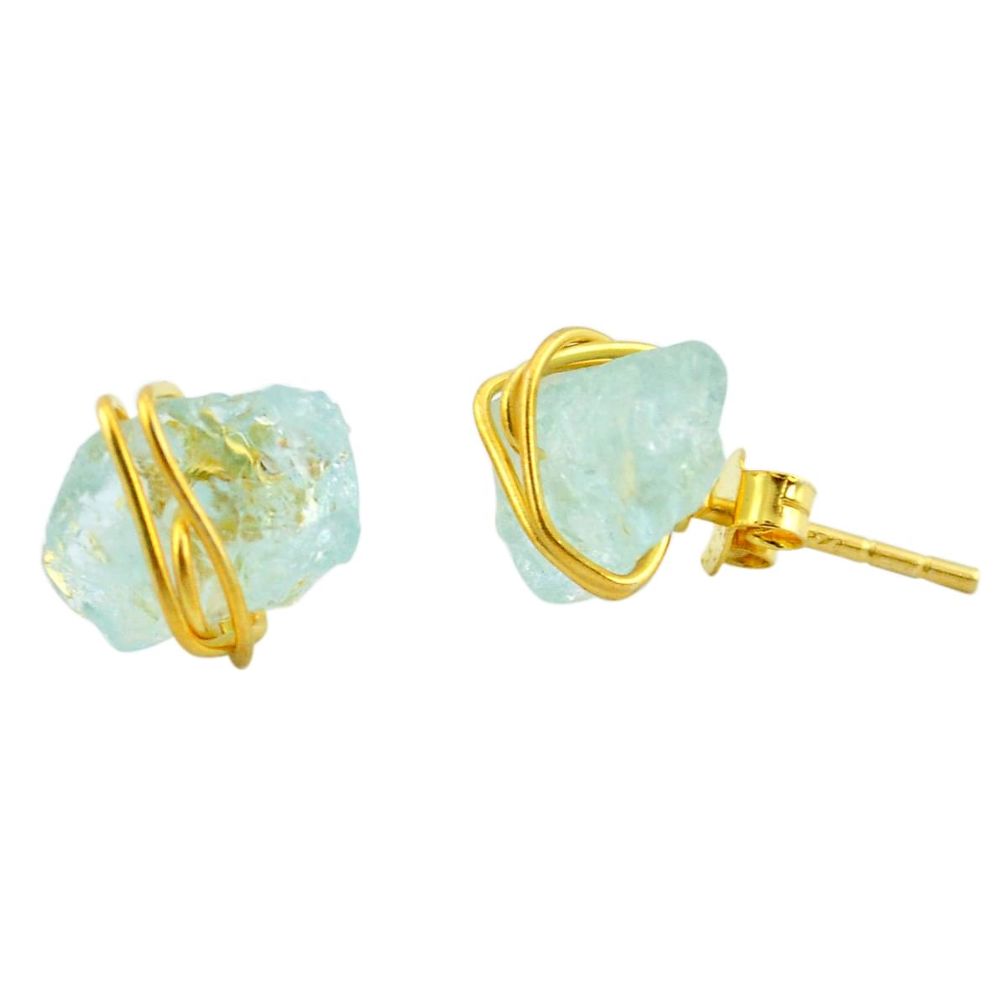 Natural aqua aquamarine rough 925 silver 14k gold stud earrings m61851