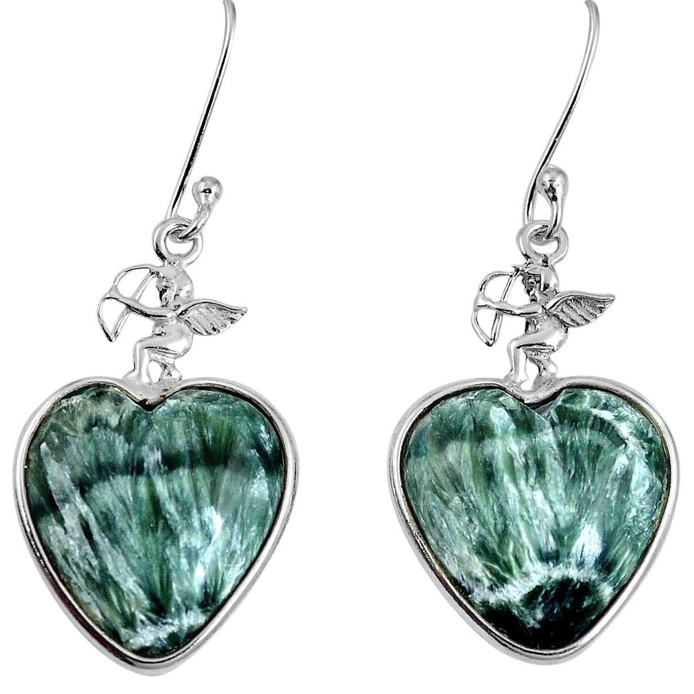 Natural green seraphinite (russian) 925 silver dangle heart earrings m63943