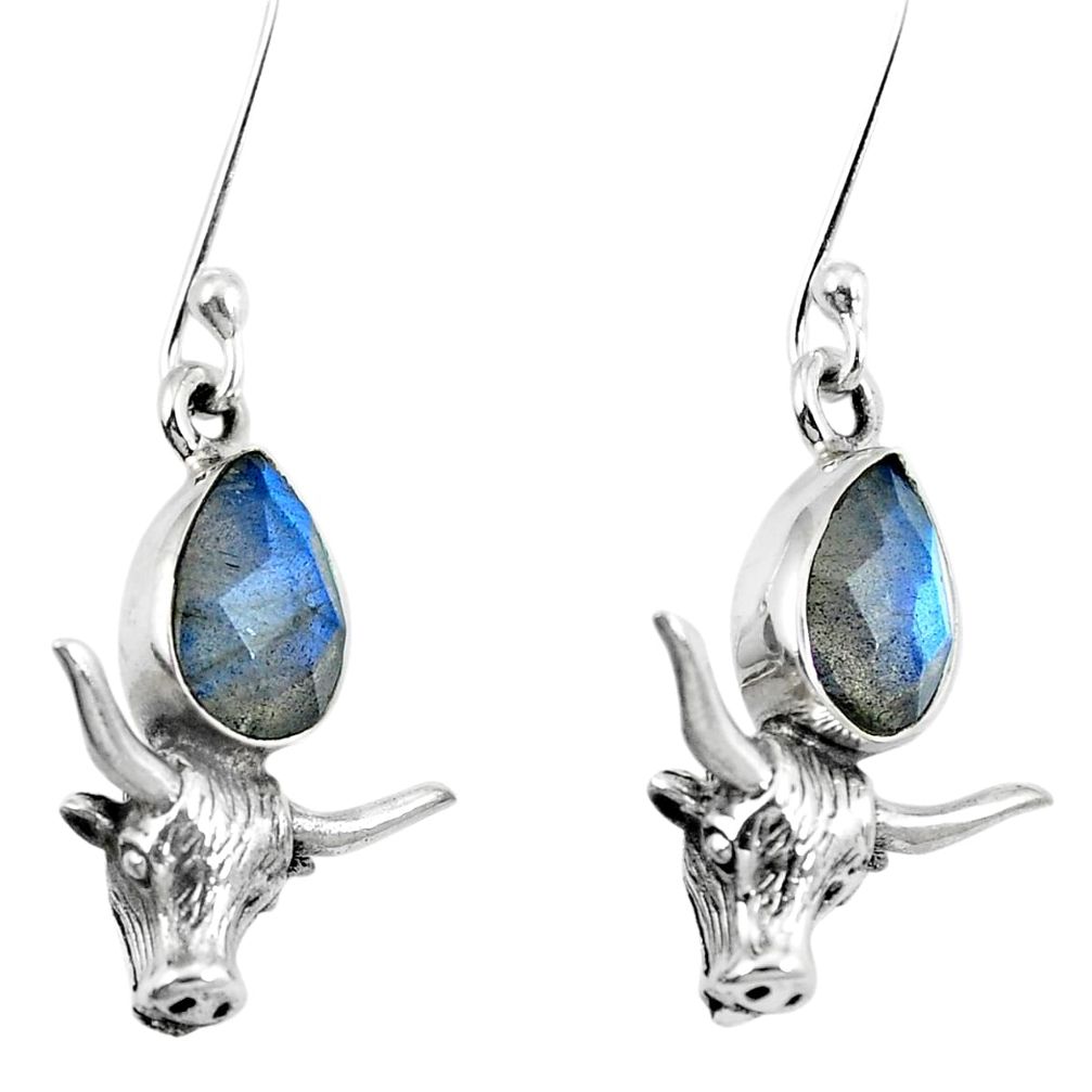 Natural blue labradorite 925 sterling silver bull charm earrings m64187