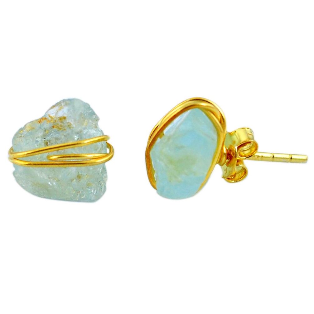 Natural aqua aquamarine rough 925 silver 14k gold stud earrings m64237