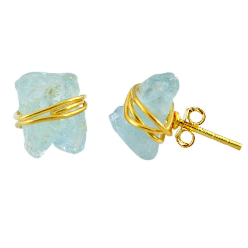 Natural aqua aquamarine rough 925 silver 14k gold stud earrings m64238