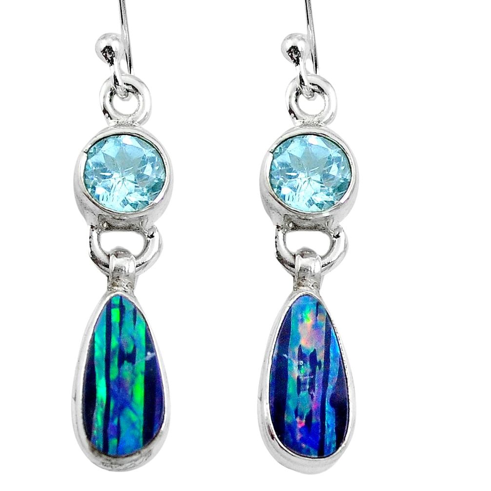 Natural blue doublet opal australian 925 silver dangle earrings m64313