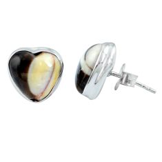 Natural brown peanut petrified wood fossil heart 925 silver stud earrings m64367