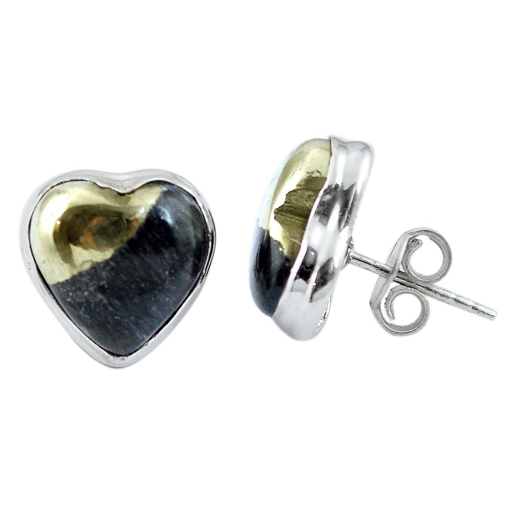 Golden pyrite in magnetite (healer's gold) heart 925 silver stud earrings m64377