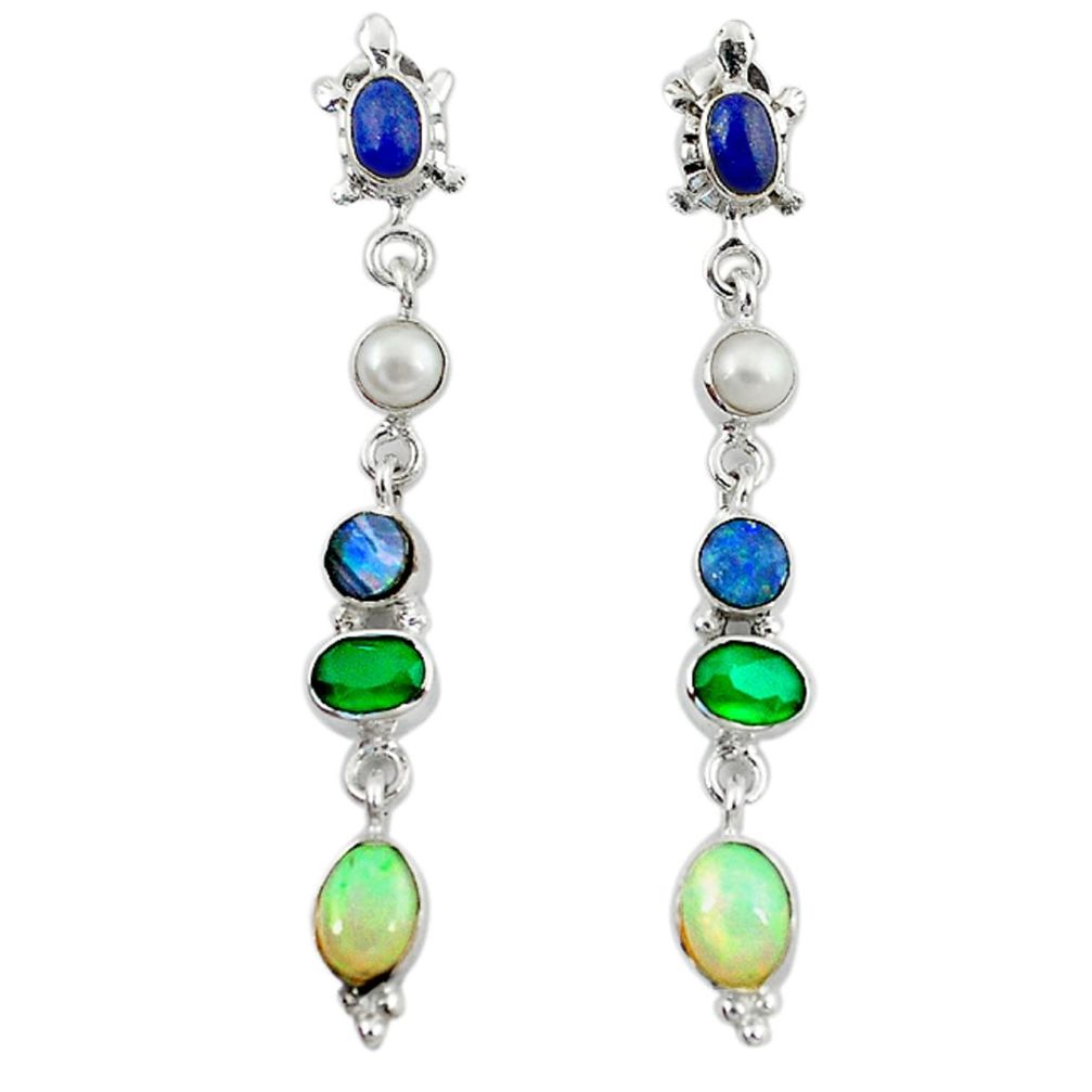 925 silver natural multi color ethiopian opal chalcedony lapis earrings m6505