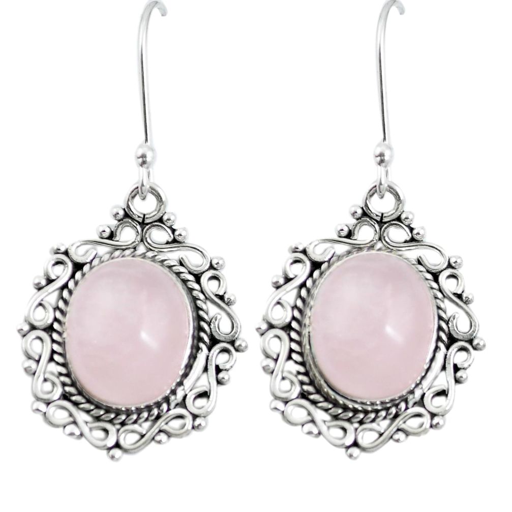 Natural pink rose quartz 925 sterling silver dangle earrings m65166