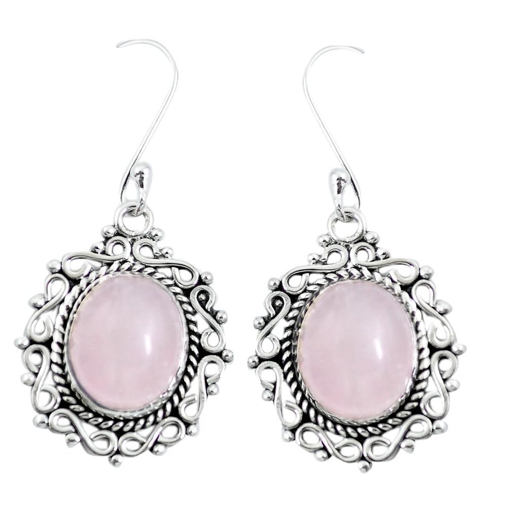 Natural pink rose quartz 925 sterling silver dangle earrings m65174