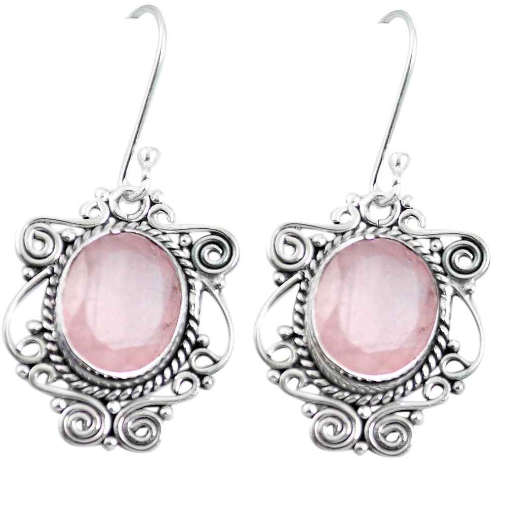 Natural pink rose quartz 925 sterling silver dangle earrings m65175