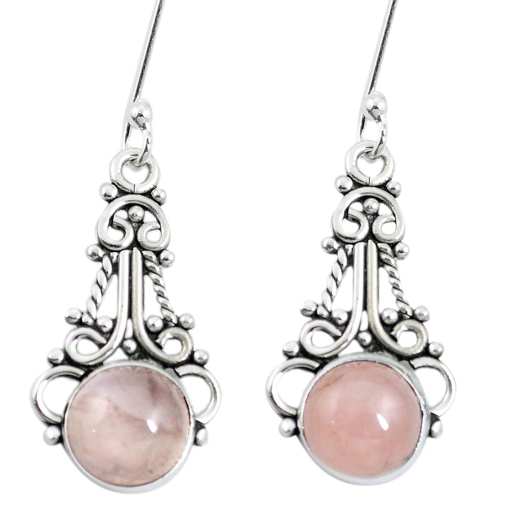 Natural pink rose quartz 925 sterling silver dangle earrings m65177