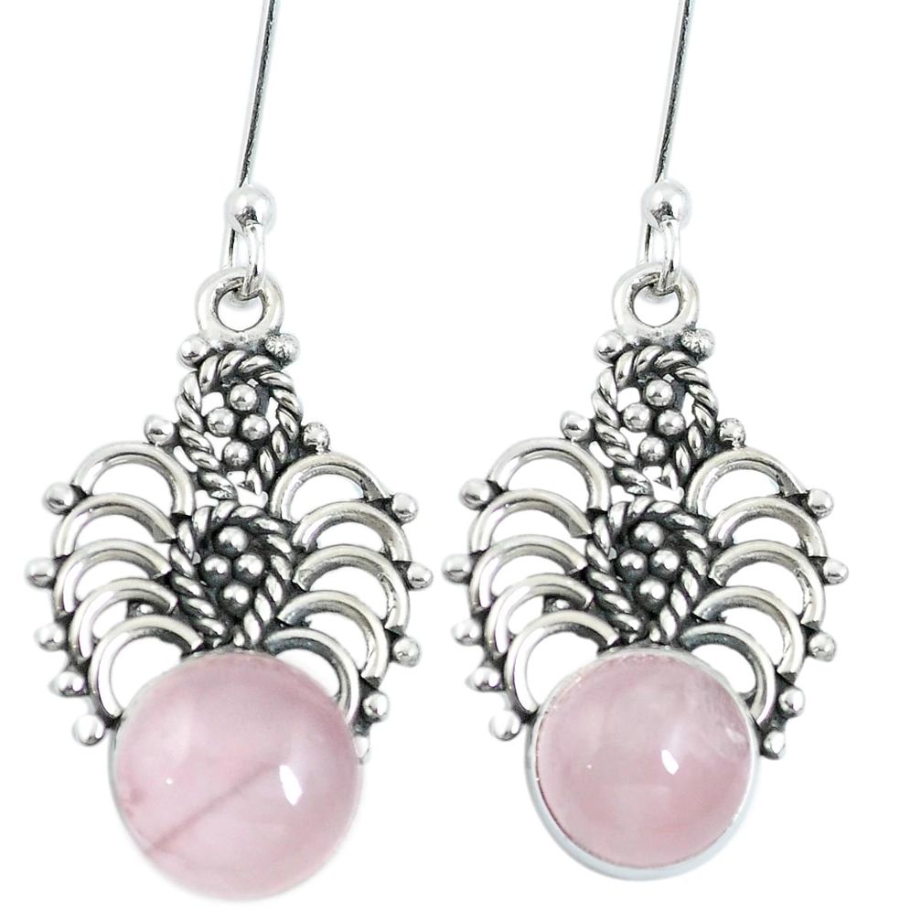 Natural pink rose quartz 925 sterling silver dangle earrings m65178