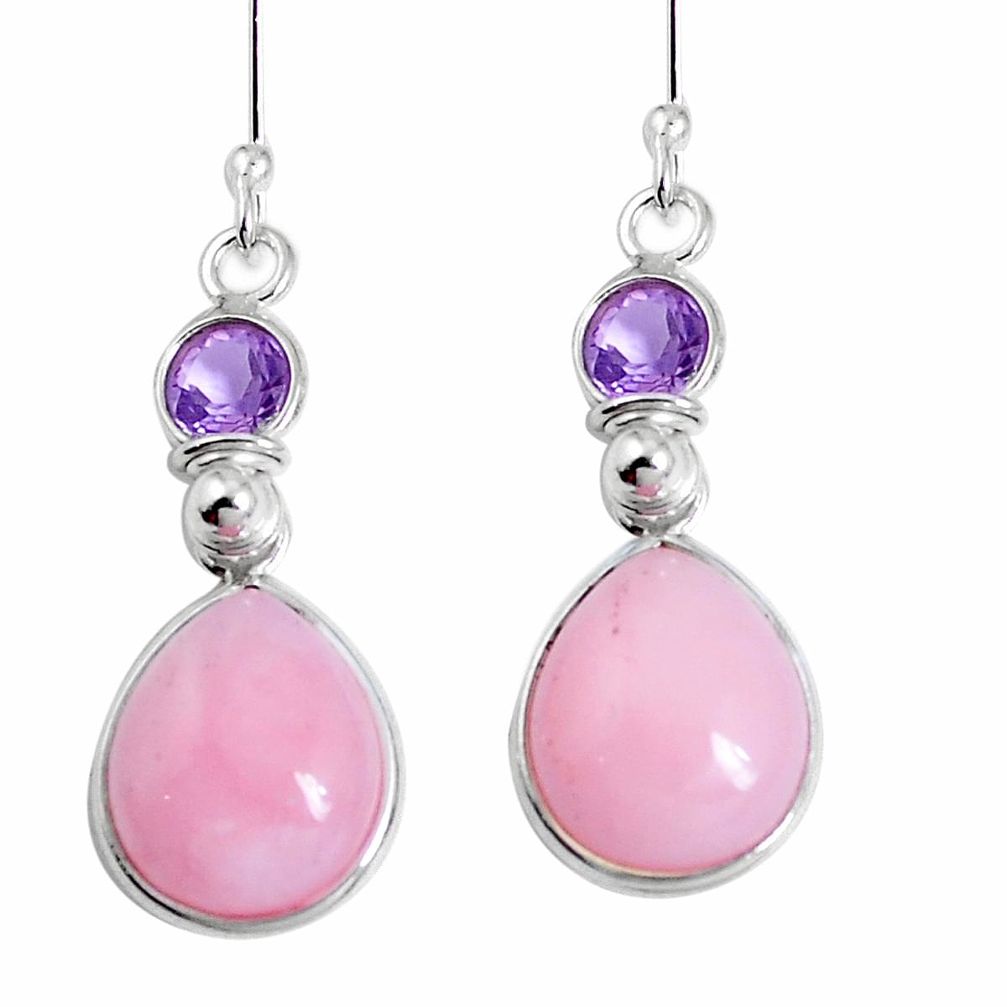 Natural pink opal amethyst 925 sterling silver dangle earrings m68661
