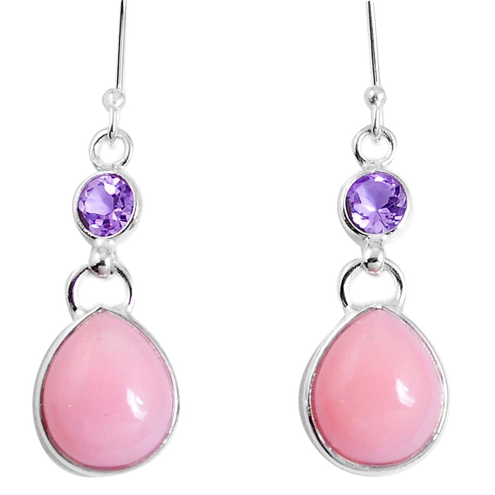 Natural pink opal amethyst 925 sterling silver dangle earrings m68674