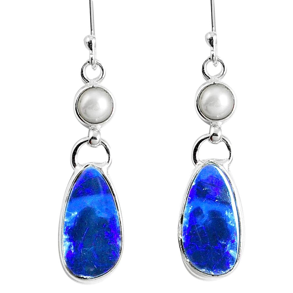 6.26cts natural blue doublet opal australian 925 silver dangle earrings m68697