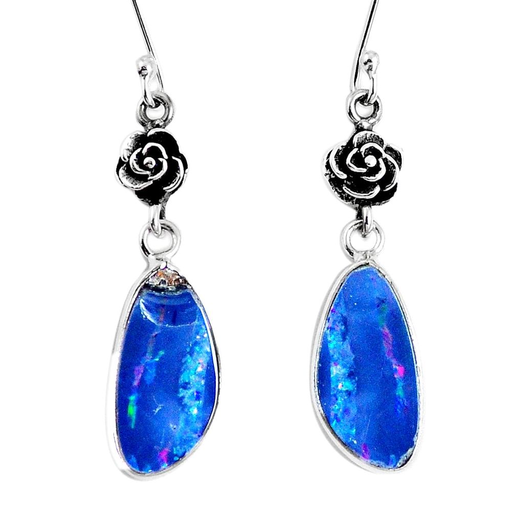 6.43cts natural blue doublet opal australian 925 silver flower earrings m68700