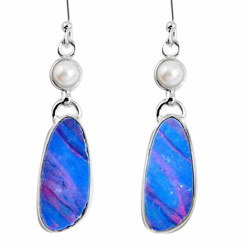 Natural blue doublet opal australian 925 silver dangle earrings m68715