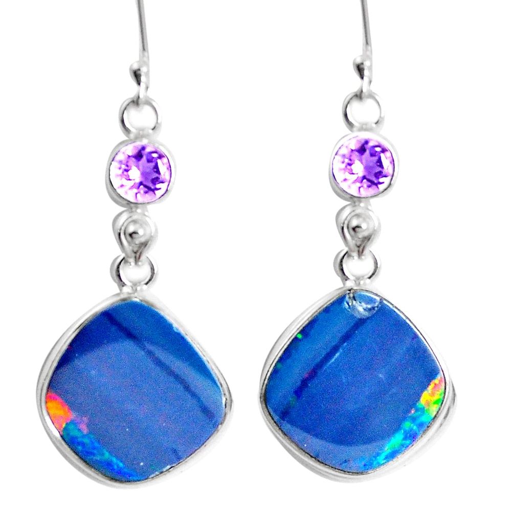 Natural blue doublet opal australian 925 silver dangle earrings m68716