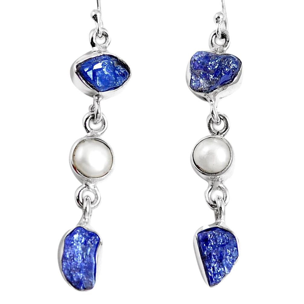 925 silver natural blue tanzanite rough white pearl dangle earrings m68836