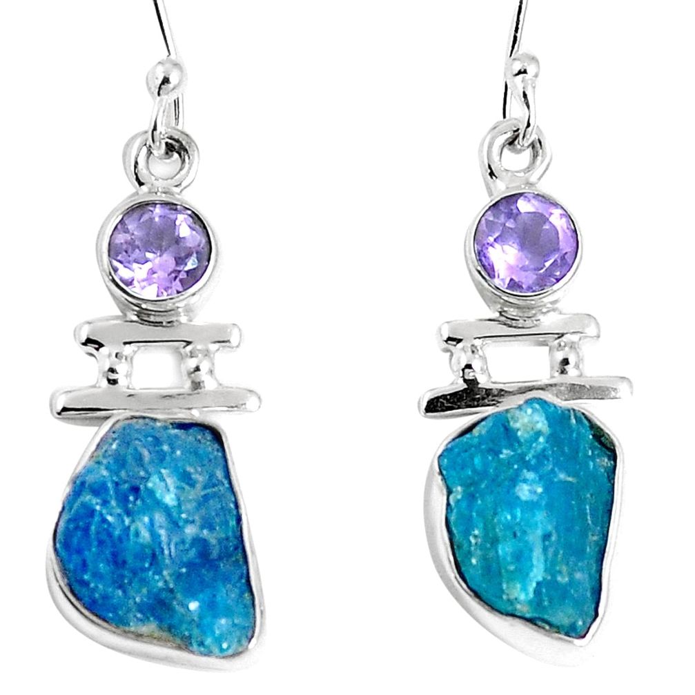 Natural blue apatite rough amethyst 925 silver dangle earrings m68841