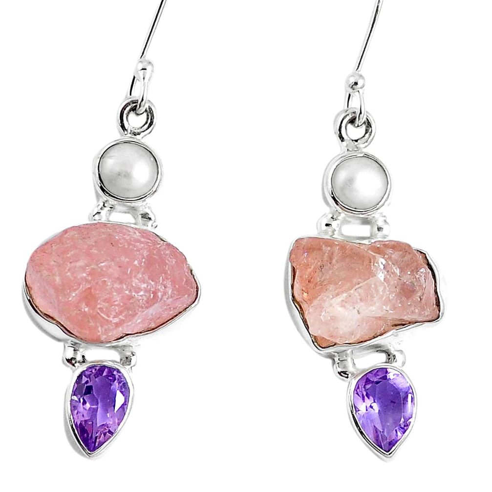 925 silver natural pink morganite rough amethyst pearl dangle earrings m68888