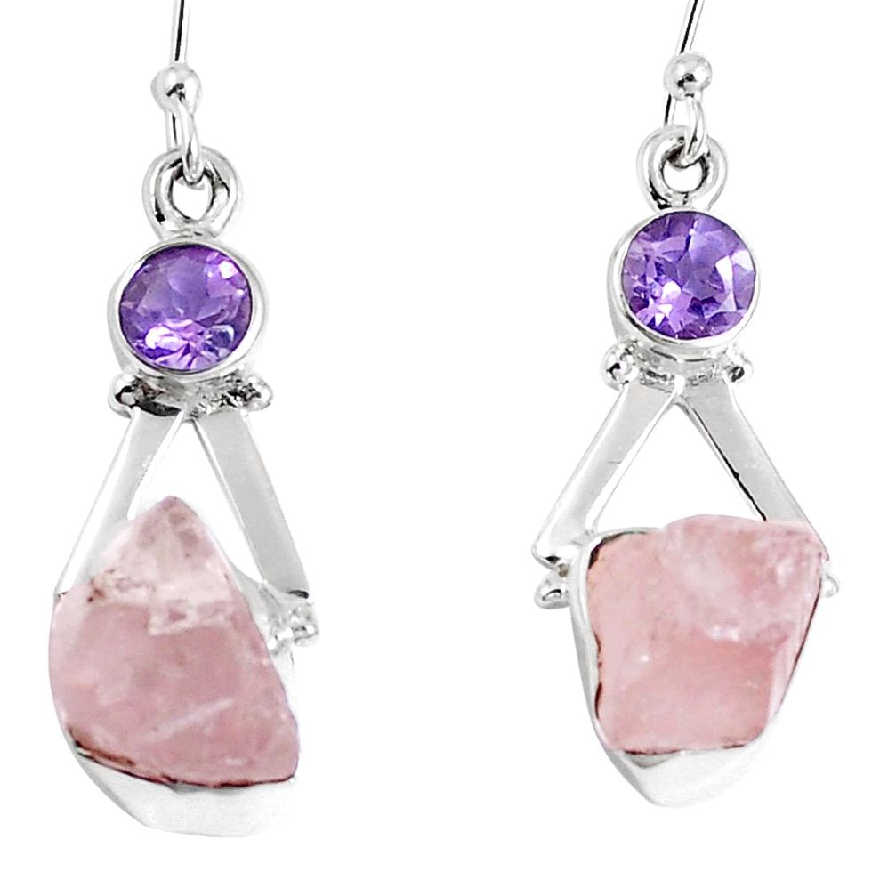 Natural pink morganite rough amethyst 925 silver dangle earrings m68895