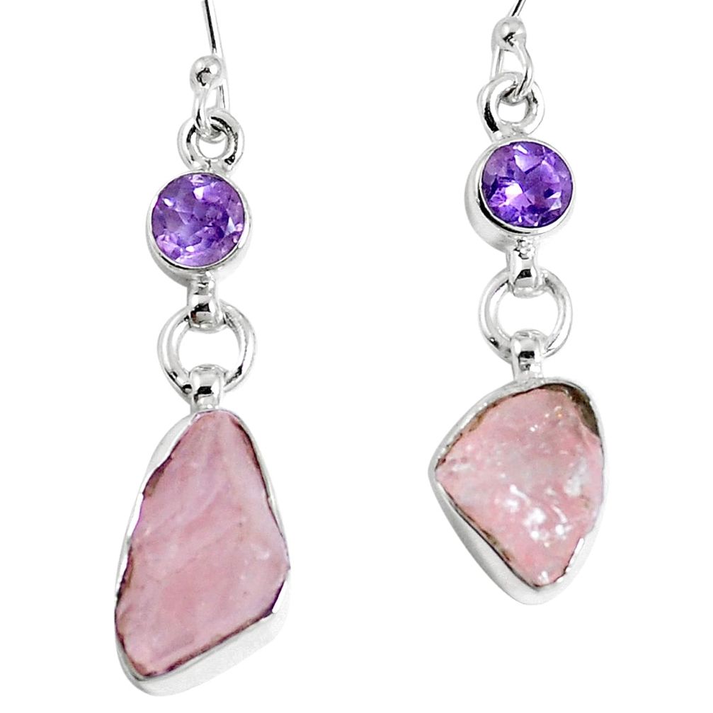 Natural pink morganite rough amethyst 925 silver dangle earrings m68899