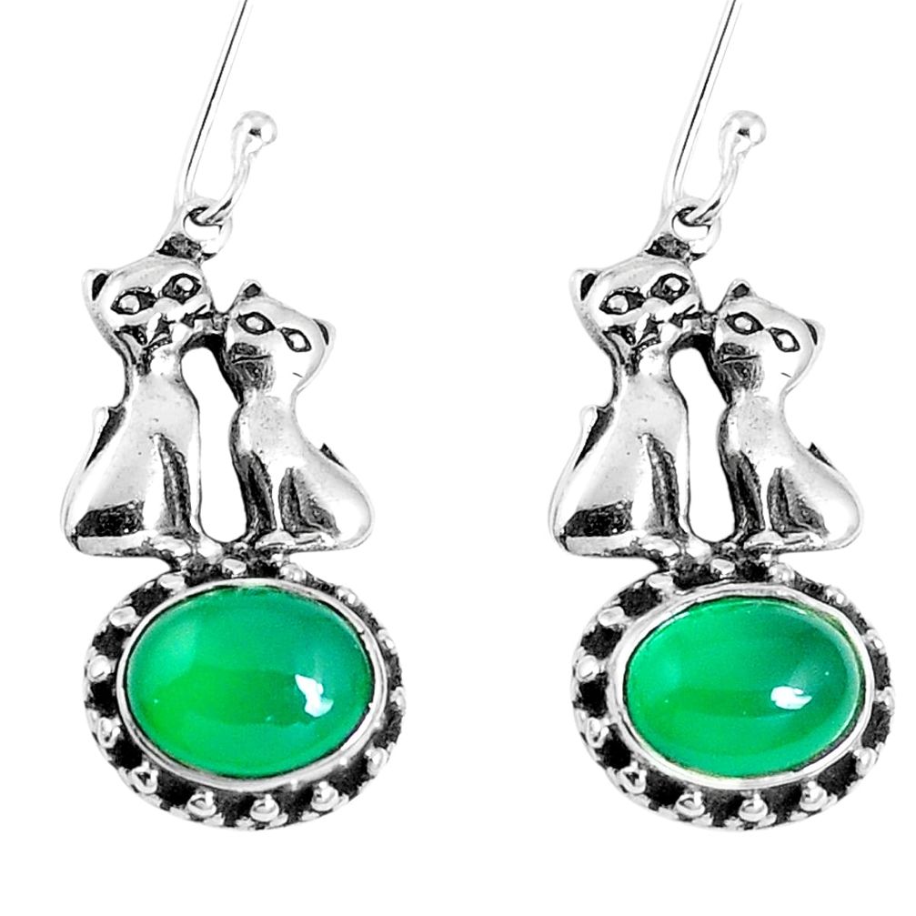 Natural green chalcedony 925 sterling silver two cats earrings m68963