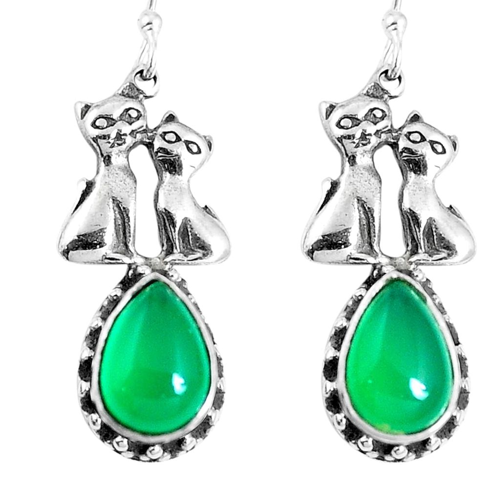 Natural green chalcedony 925 sterling silver two cats earrings m68965