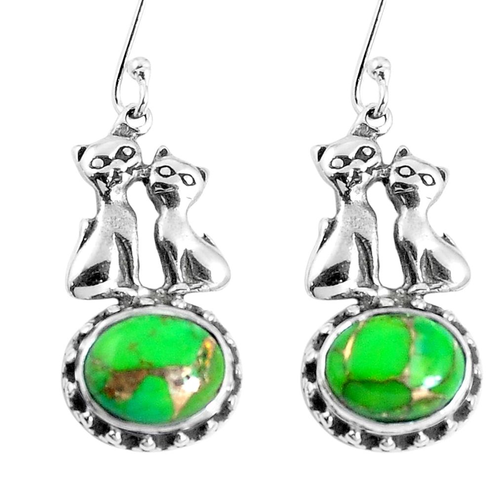 Green copper turquoise 925 sterling silver two cats earrings m68967