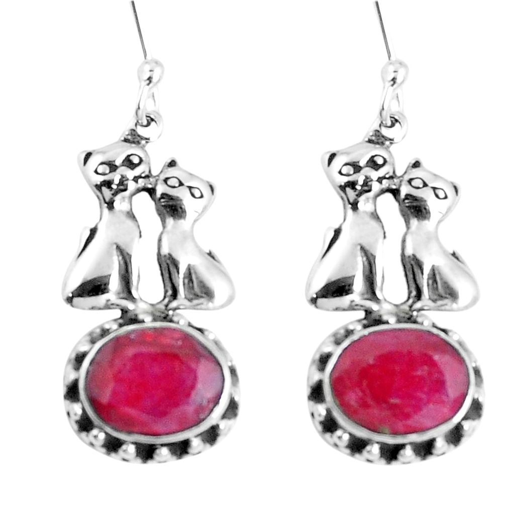 Natural red ruby 925 sterling silver two cats earrings jewelry m68973