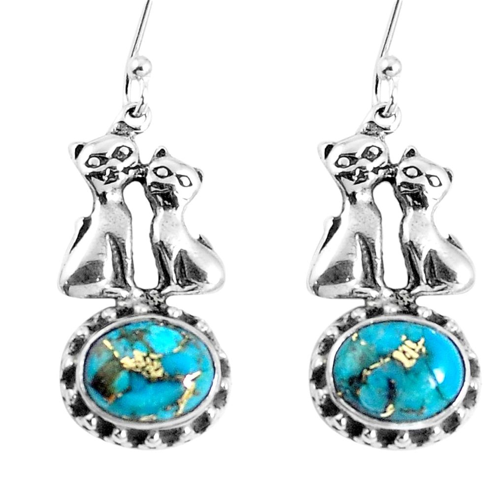 Blue copper turquoise 925 sterling silver two cats earrings m68978